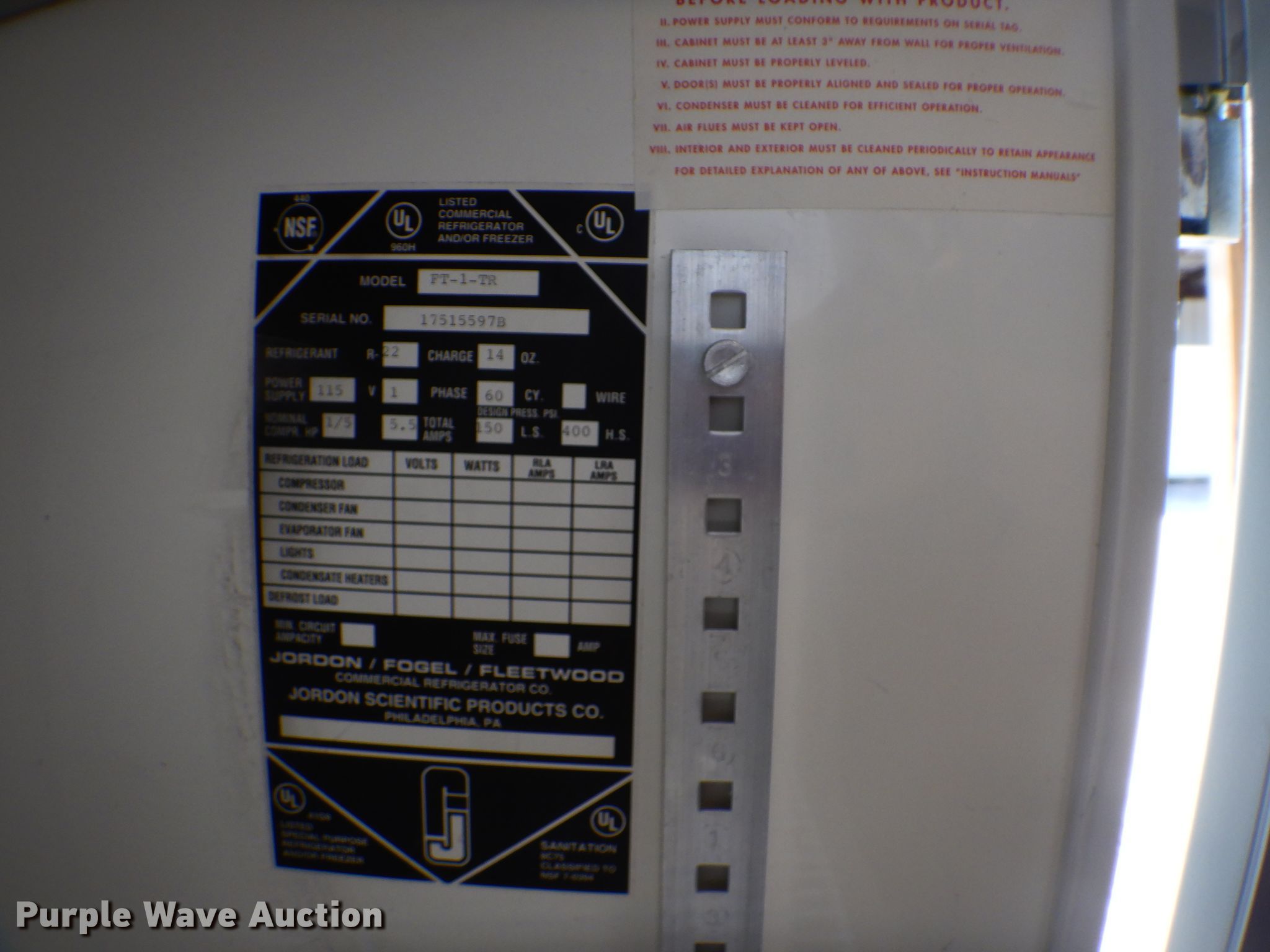 Jordon scientific refrigerator in Tulsa, OK Item GO9910 sold Purple