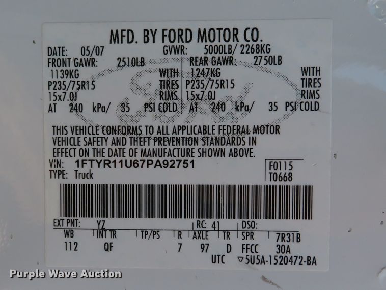 image for item DH1044 2007 Ford Ranger  pickup truck