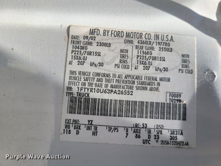 image for item K5945 2003 Ford Ranger  pickup truck