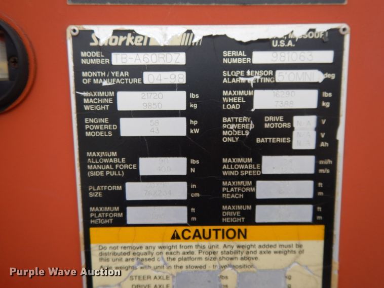 image for item DG7777 1998 Snorkelift TBA60RDZ  boom lift