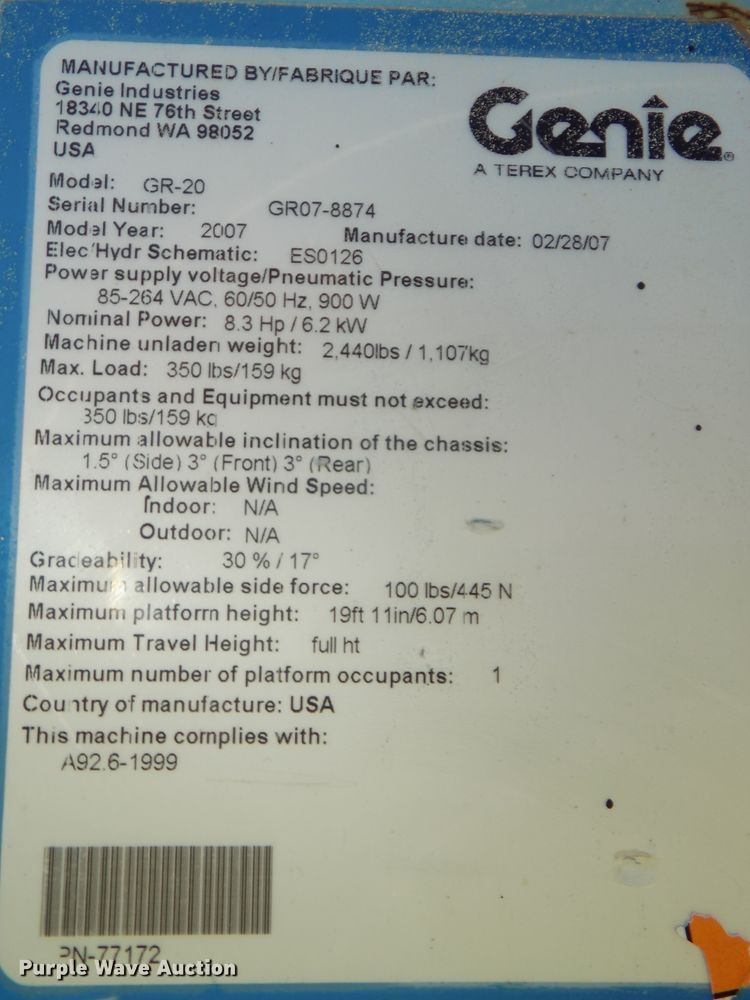 image for item DO9302 2007 Genie GR20  vertical lift