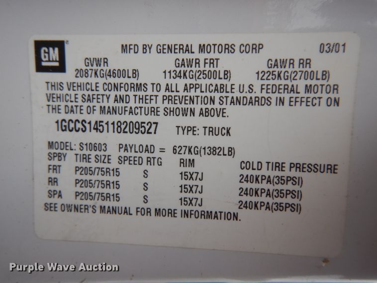 image for item DH5514 2001 Chevrolet S10  pickup truck