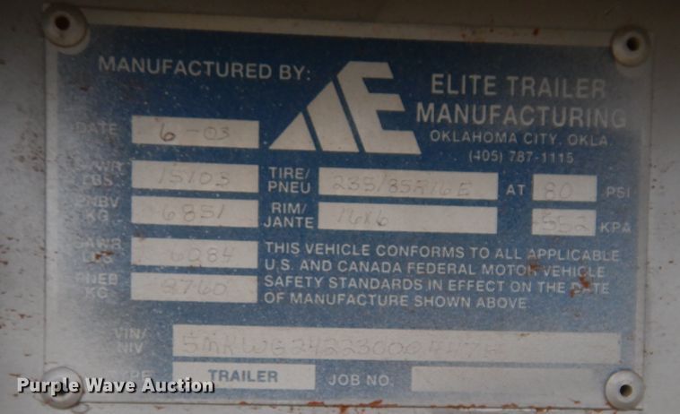 image for item HS9652 2003 Elite livestock trailer