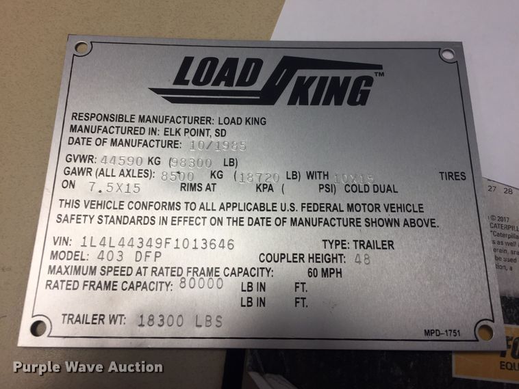 image for item DE5657 1985 Load King lowboy equipment trailer