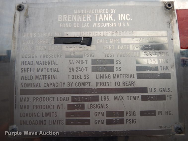 image for item DG7876 1991 Brenner pneumatic tank trailer