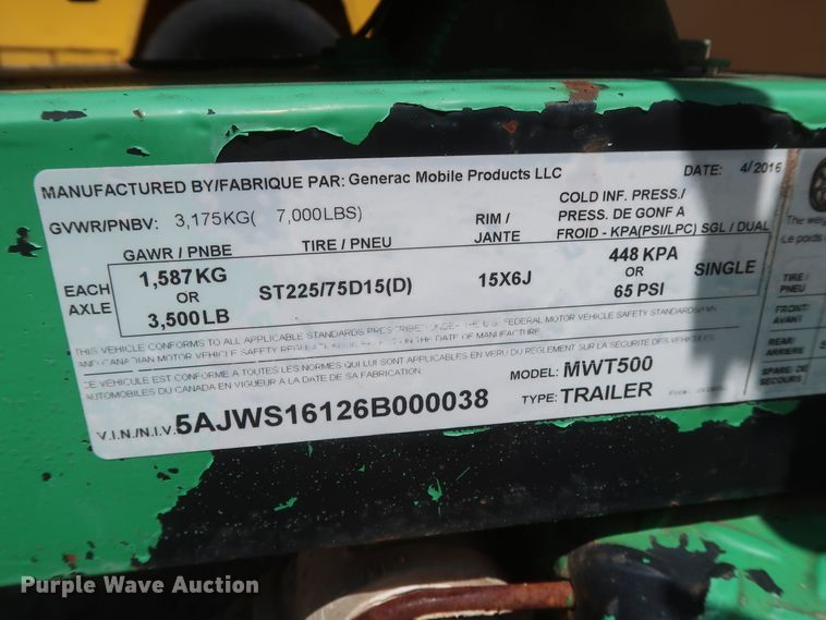 image for item GS9989 2006 Generac MWT500 tank trailer