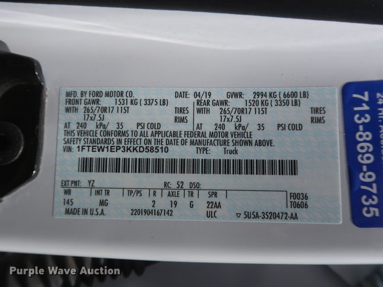 image for item HT9571 2019 Ford F150 XLT  SuperCrew pickup truck