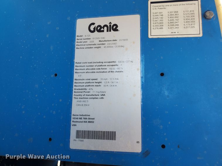 image for item DJ3144 2005 Genie S125  boom lift