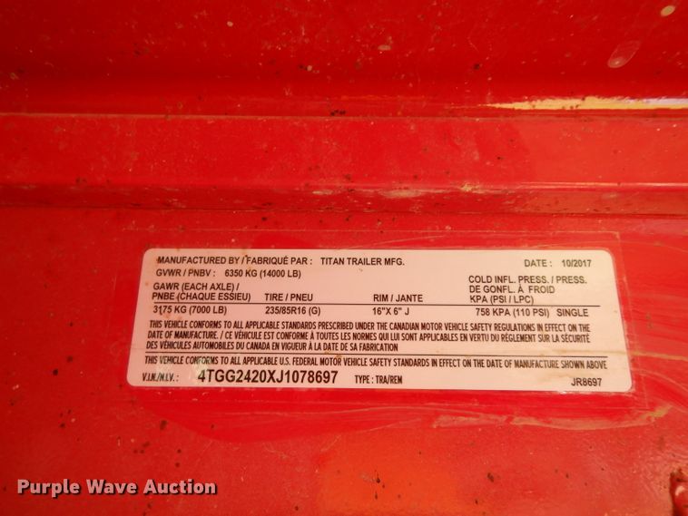 image for item DF4248 2018 Titan JR8697 livestock trailer