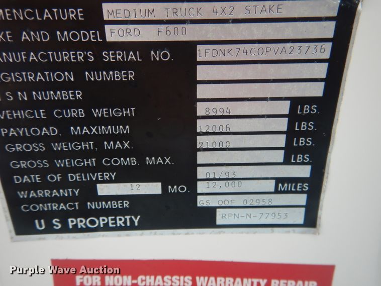 image for item FA9365 1993 Ford F700  flatbed truck