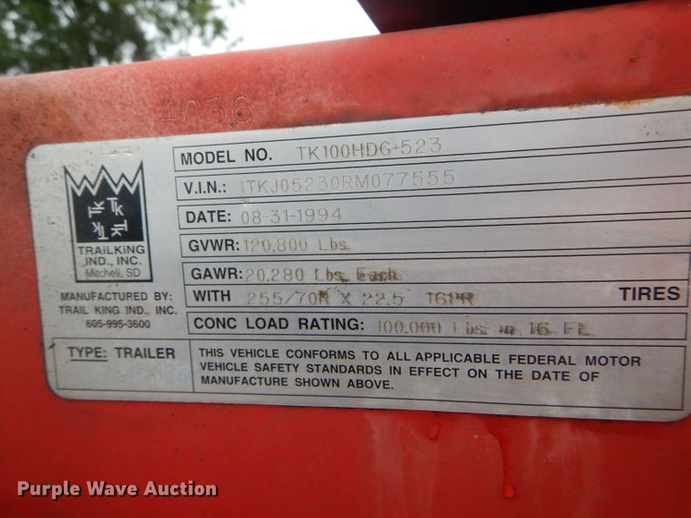 image for item HM9637 1994 Trail King TK100HDG-523 lowboy equipment trailer