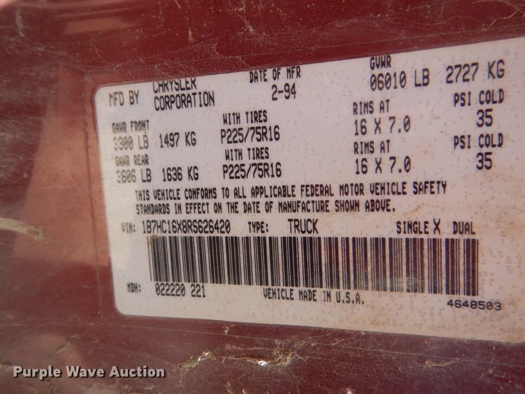 image for item FK9297 1994 Dodge Ram 1500  pickup truck