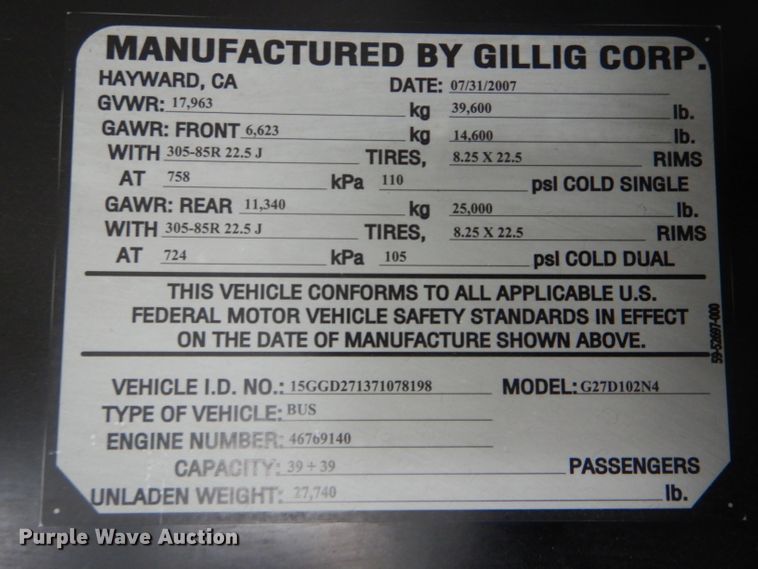 image for item DF3081 2007 Gillig G27D102N4 shuttle bus