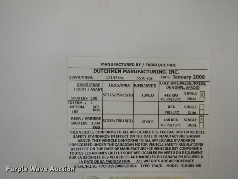 image for item DH5127 2008 Dutchman 31RGBS-M5  camper
