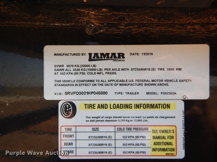 image for item HO9773 2017 Lamar FD02302A equipment trailer