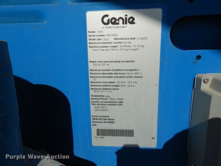 image for item HO9776 2002 Genie S65  boom lift