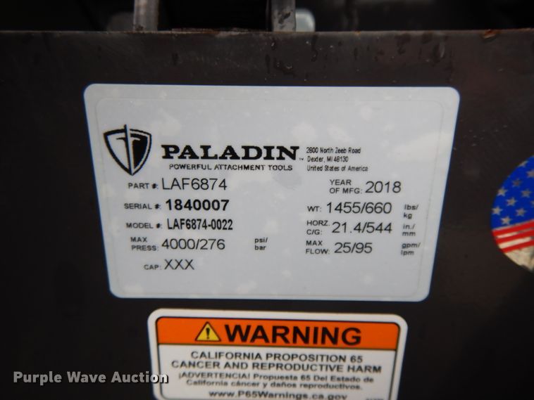 image for item DF5217 2018 Paladin QLAF6874-0022 76"W skid steer rake