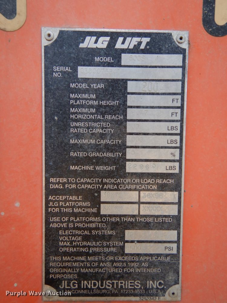 image for item DH6512 2004 JLG 600S  boom lift