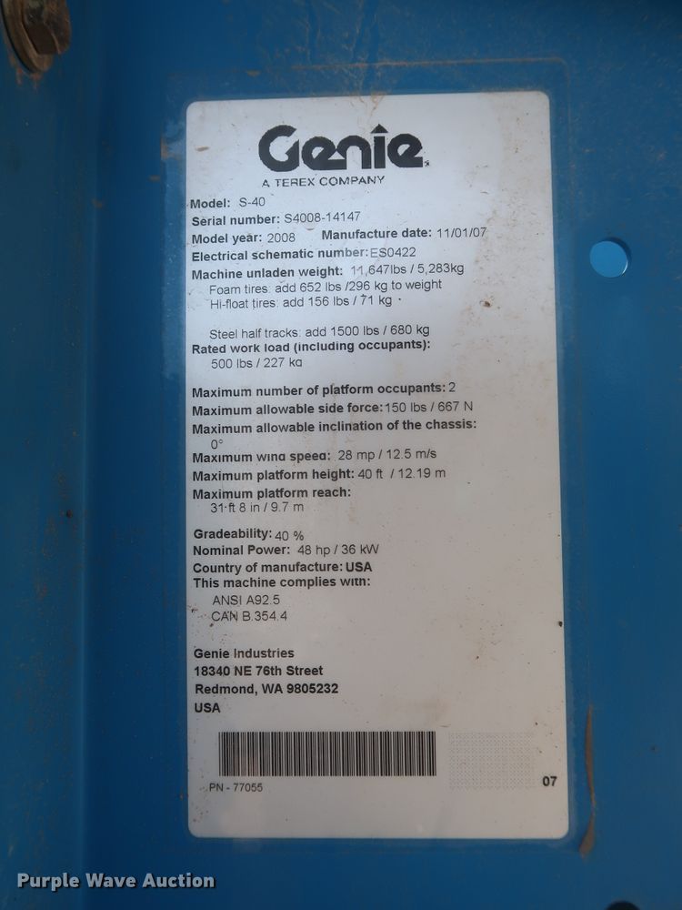 image for item HT9608 2008 Genie S-40  boom lift