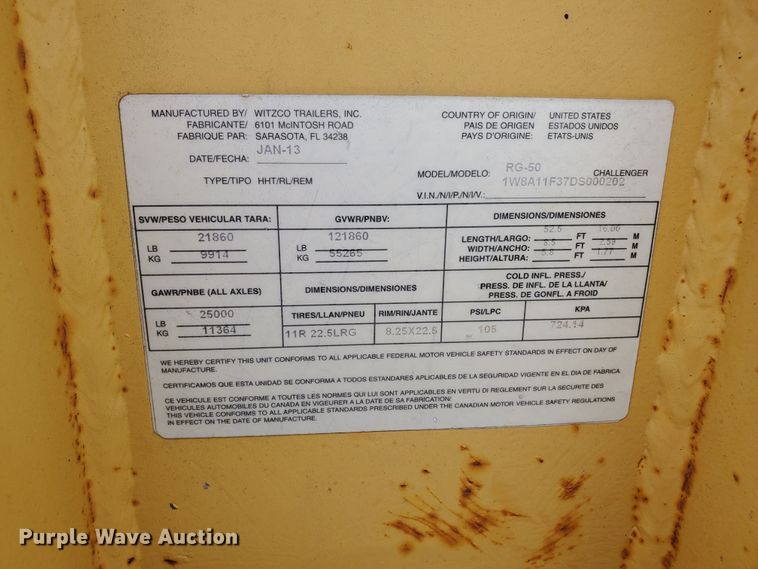 image for item DF7519 2013 Witzco Challenger RG-50 lowboy equipment trailer