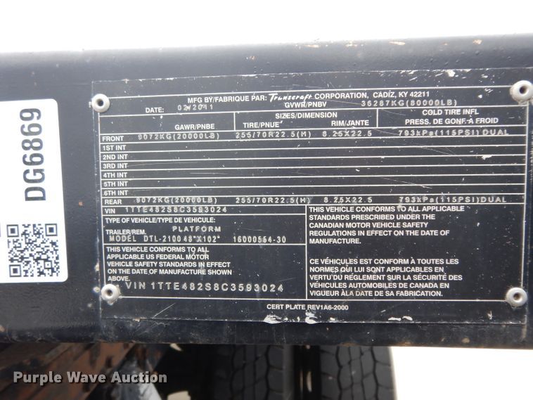 image for item DG6869 2011 Transcraft DTL-2100 drop deck trailer