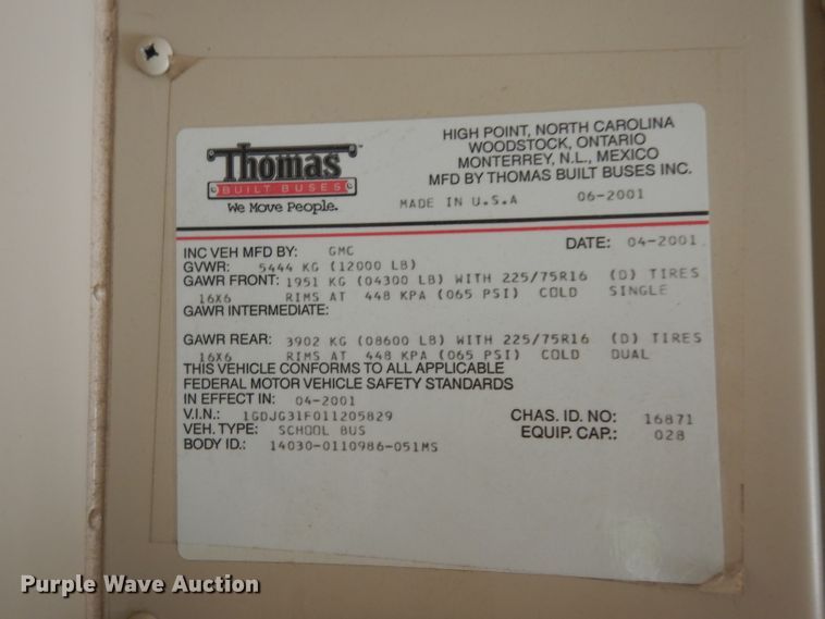 image for item DJ4338 2001 GMC Savana G3500  Thomas school bus