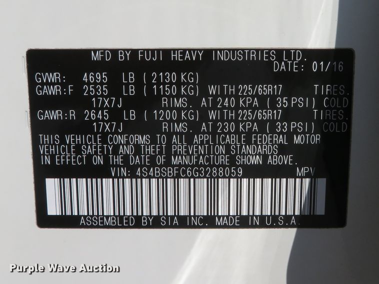 image for item DH1102 2016 Subaru Outback  passenger vehicle