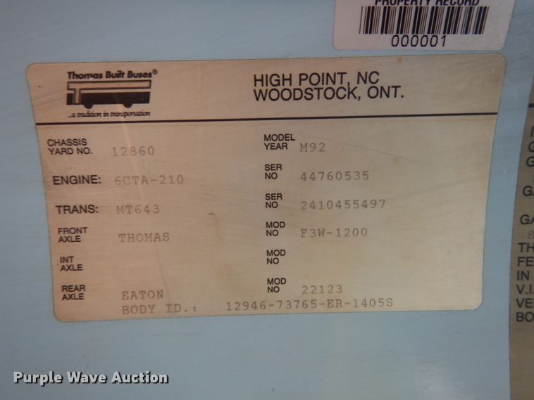 image for item DH6578 1992 Thomas Built Saf-T-Liner MVP  school bus