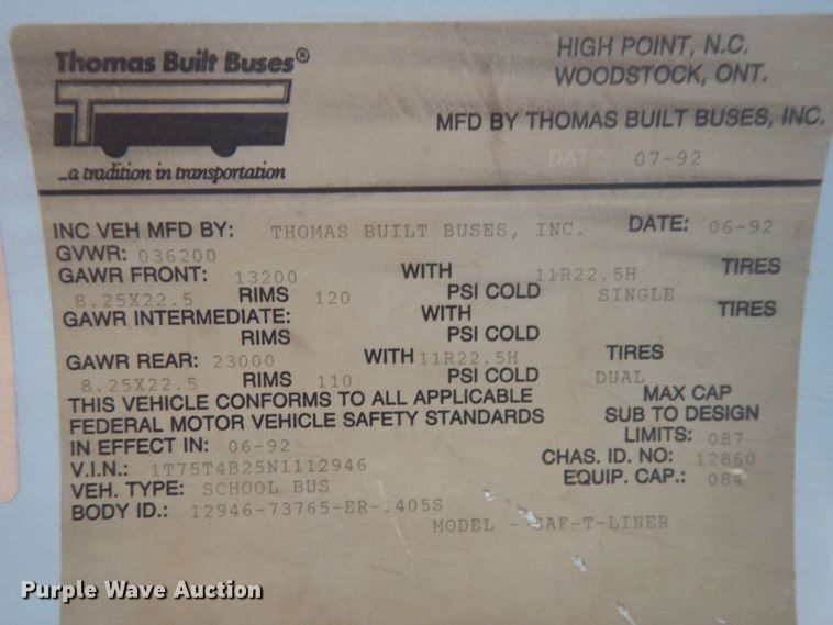 image for item DH6578 1992 Thomas Built Saf-T-Liner MVP  school bus