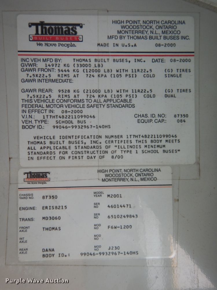 image for item DH6579 2001 Thomas Built M2001  school bus