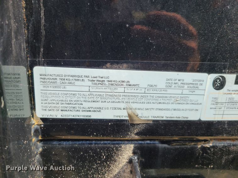 image for item EL9962 2019 Load Trail dump trailer