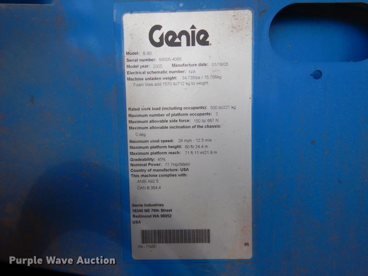 image for item DI0296 2008 Genie S-80  boom lift