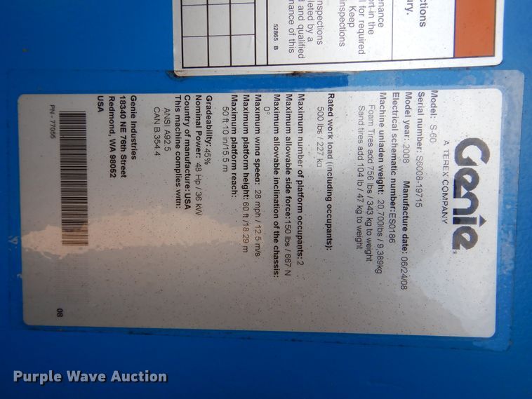 image for item DI0297 2008 Genie S60  boom lift