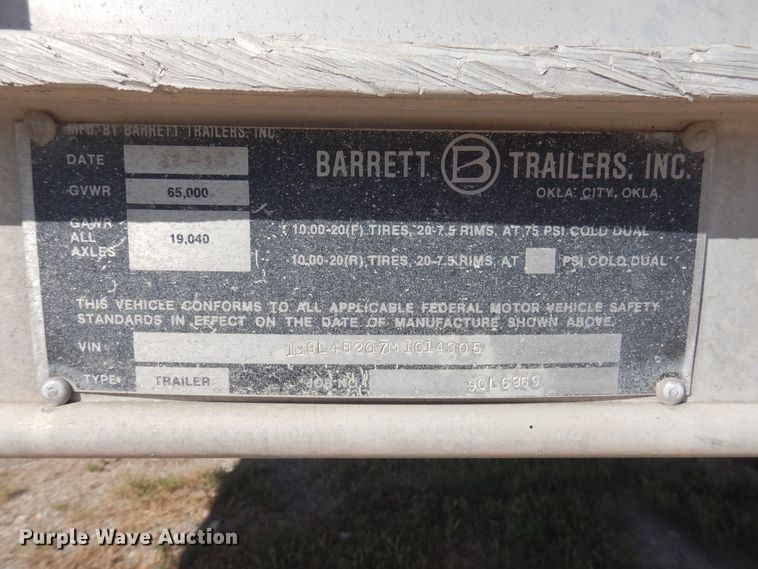 image for item GE9456 1991 Barrett 90L6369 Cattle Pot livestock trailer