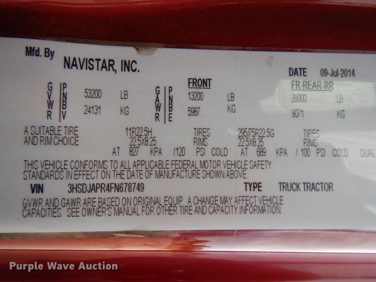 image for item HA9392 2015 International ProStar  semi truck