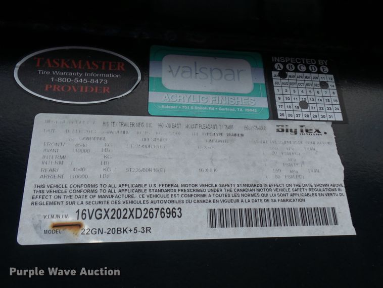 image for item DH3837 2013 Big Tex 22GN-20BK5-3R equipment trailer