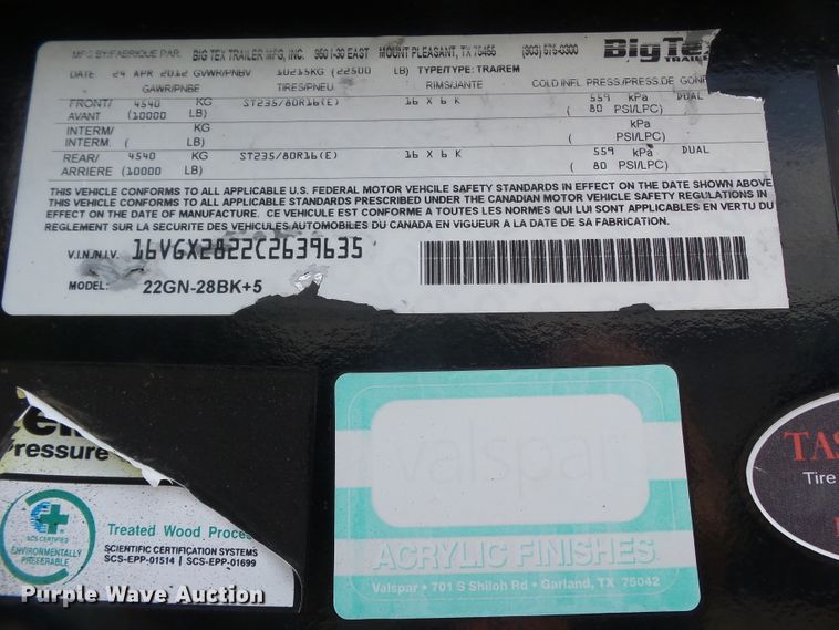 image for item DH3840 2012 Big Tex 22GN28BK5 equipment trailer