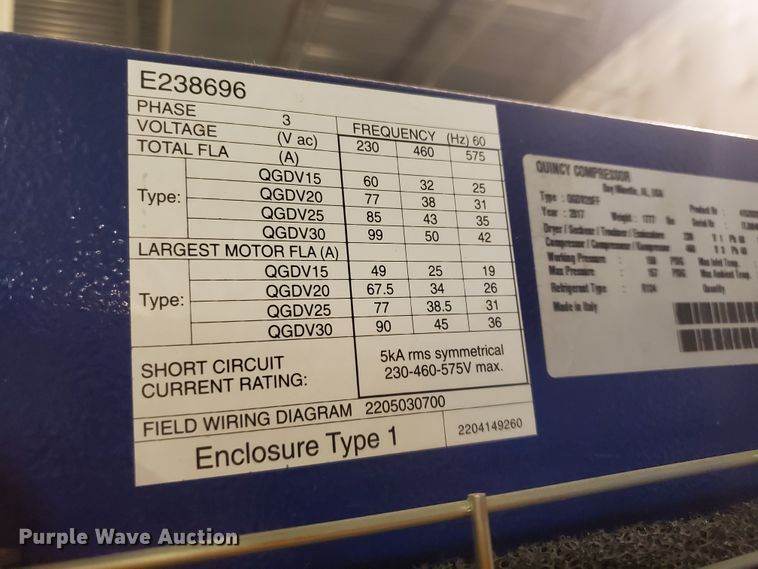 image for item DJ3177 2017 Quincy QGDV20FF  rotary screw air compressor