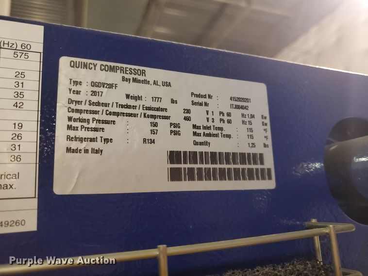 image for item DJ3177 2017 Quincy QGDV20FF  rotary screw air compressor