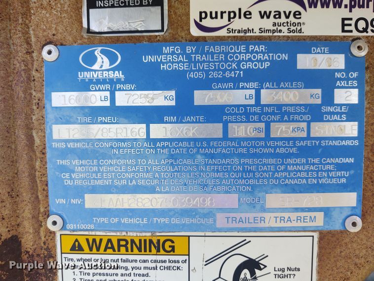 image for item EQ9393 2007 Sooner livestock trailer