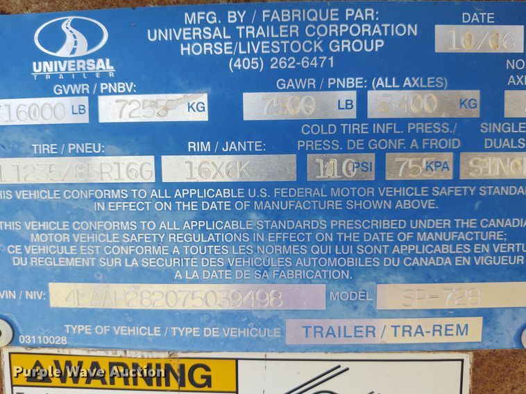 image for item EQ9393 2007 Sooner livestock trailer