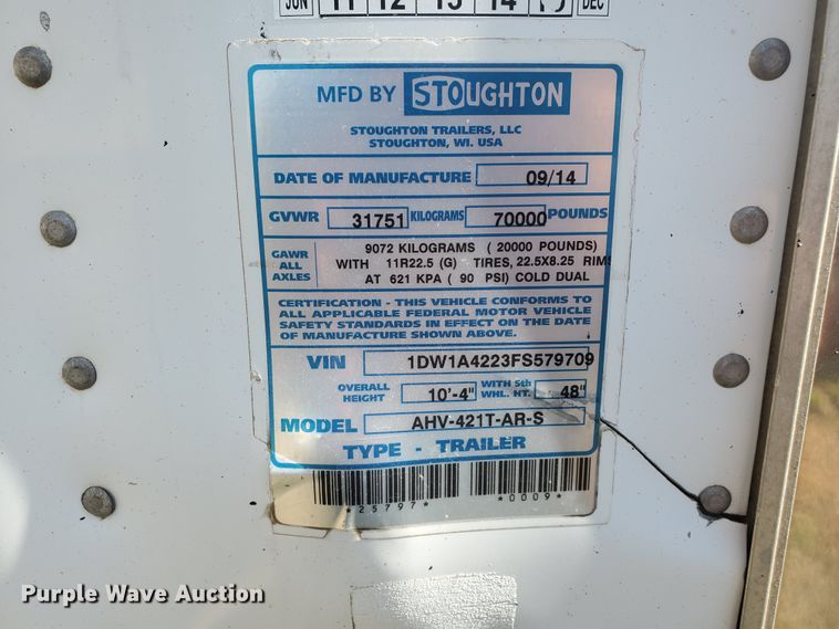 image for item DF5639 2015 Stoughton Platinum Series AHV-421T-AR-S double hopper bottom grain trailer