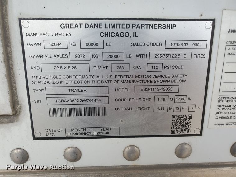 image for item DF7528 2016 Great Dane 30844 refrigerated van trailer