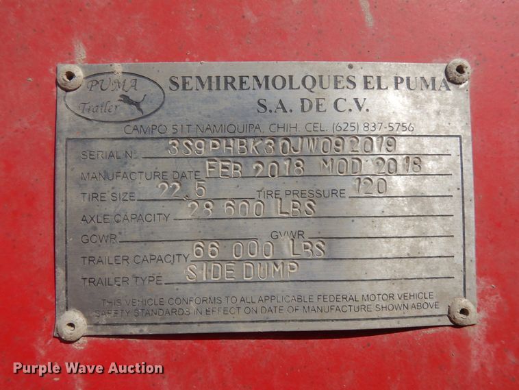 image for item DH6596 2018 Puma TD2350 side dump trailer