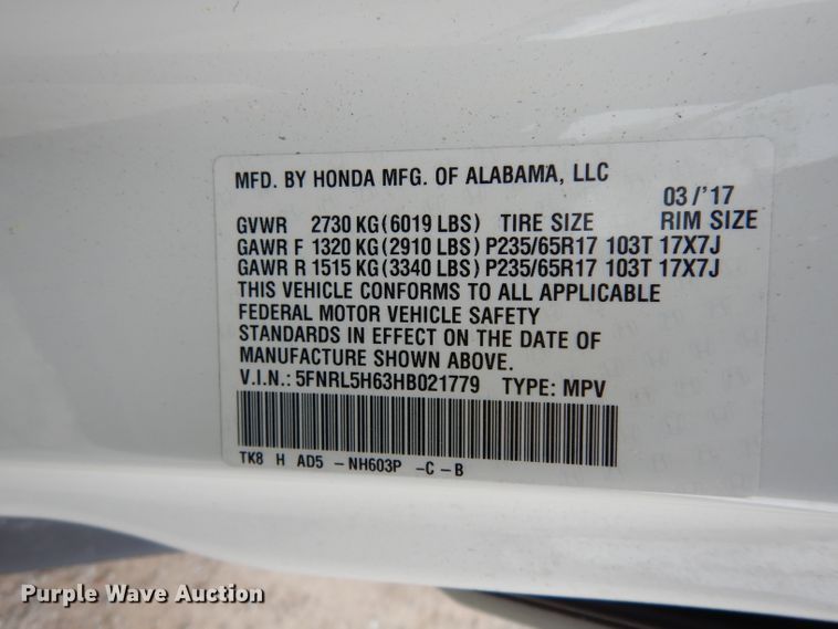 image for item DF4011 2017 Honda Odyssey  van