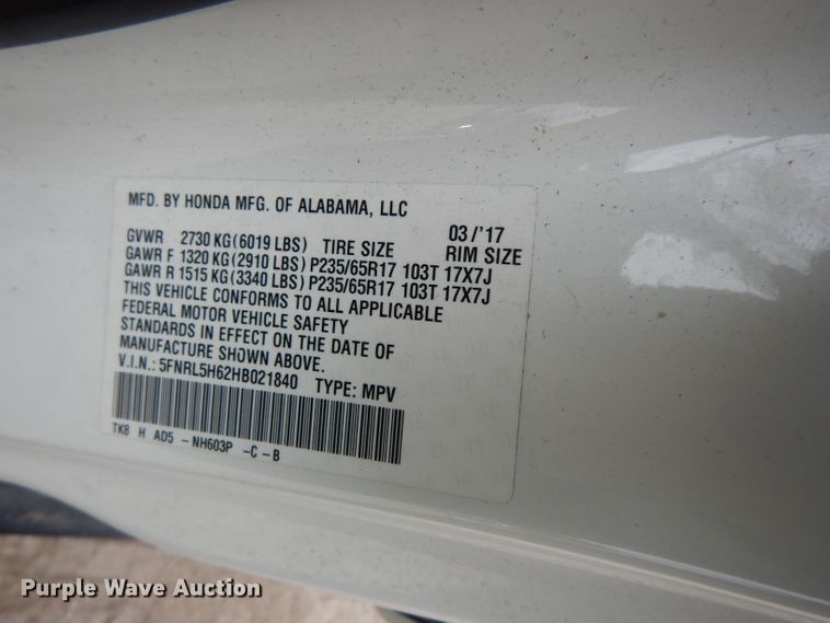 image for item DF4012 2017 Honda Odyssey  van