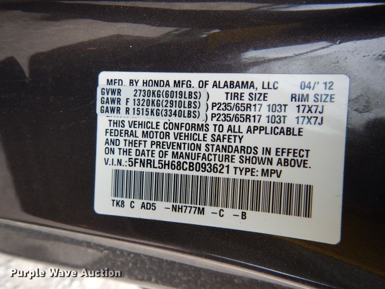 image for item DF4016 2012 Honda Odyssey  van