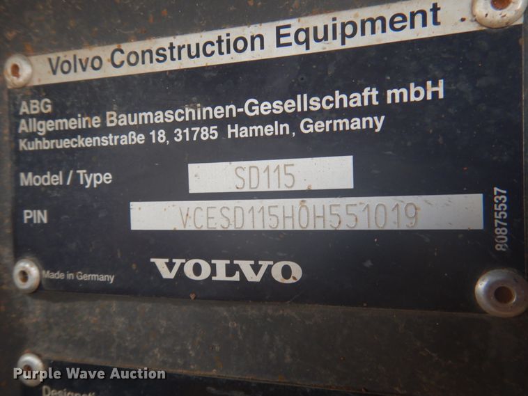 image for item DY9516 2014 Volvo SD115  vibratory single drum roller