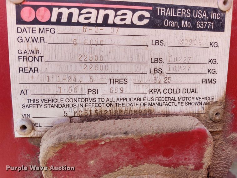 image for item EQ9398 2008 CPS Manac TSD30 end dump trailer