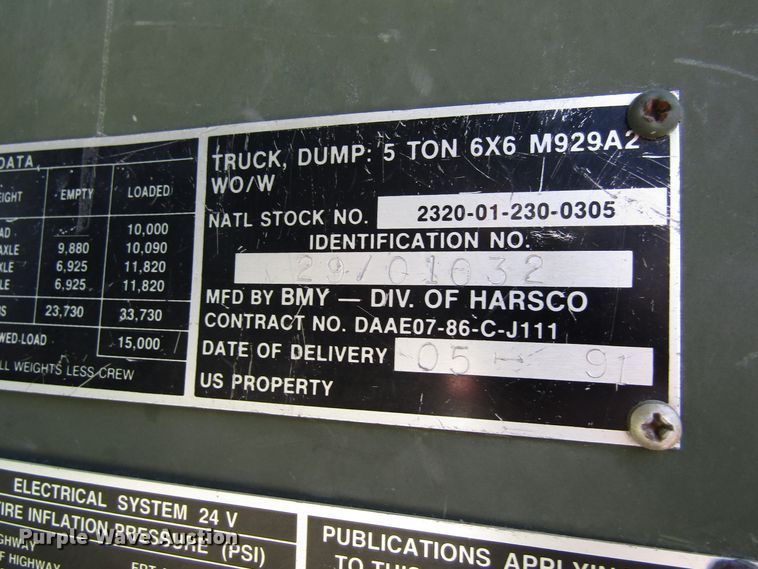 image for item GQ9114 1991 BMY Harsco M929A2  dump truck